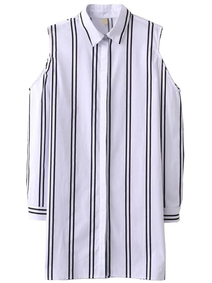 Shein White Vertical Striped Open Shoulder Shirt Dress