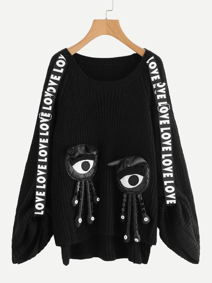 Shein Letter Ribbon Detail Chunky Knit Sweater With Cartoon Dolls