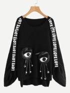 Shein Letter Ribbon Detail Chunky Knit Sweater With Cartoon Dolls