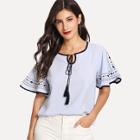 Shein Geometrical Embroidered Self Tie Blouse