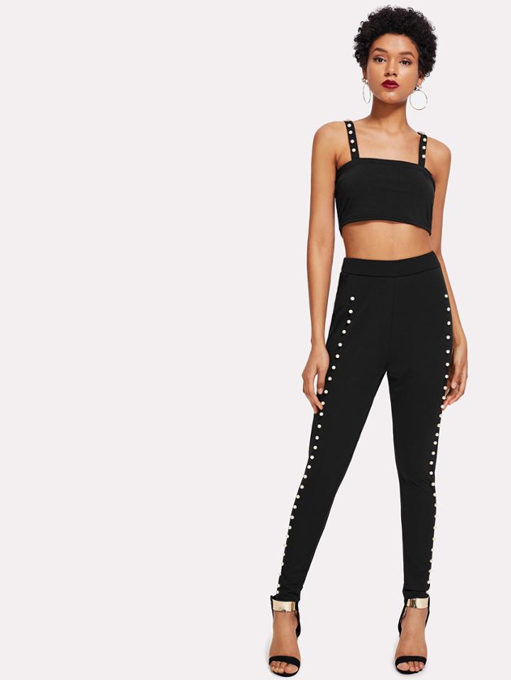 Shein Pearl Detail Crop Top With Leggings