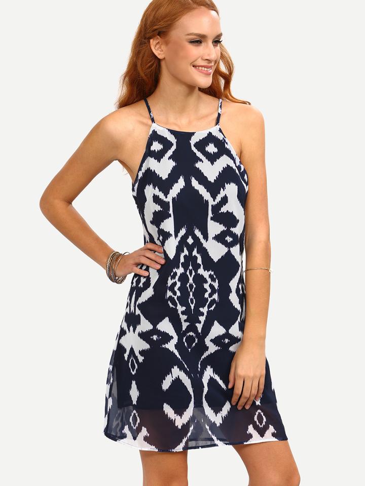 Shein Keyhole Back Tie Dye Print Cami Dress - Navy