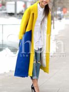 Shein Yellow Blue Long Sleeve Lapel Color Block Coat