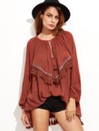 Shein Brick Red Keyhole Tie Neck Tassel Trim Top