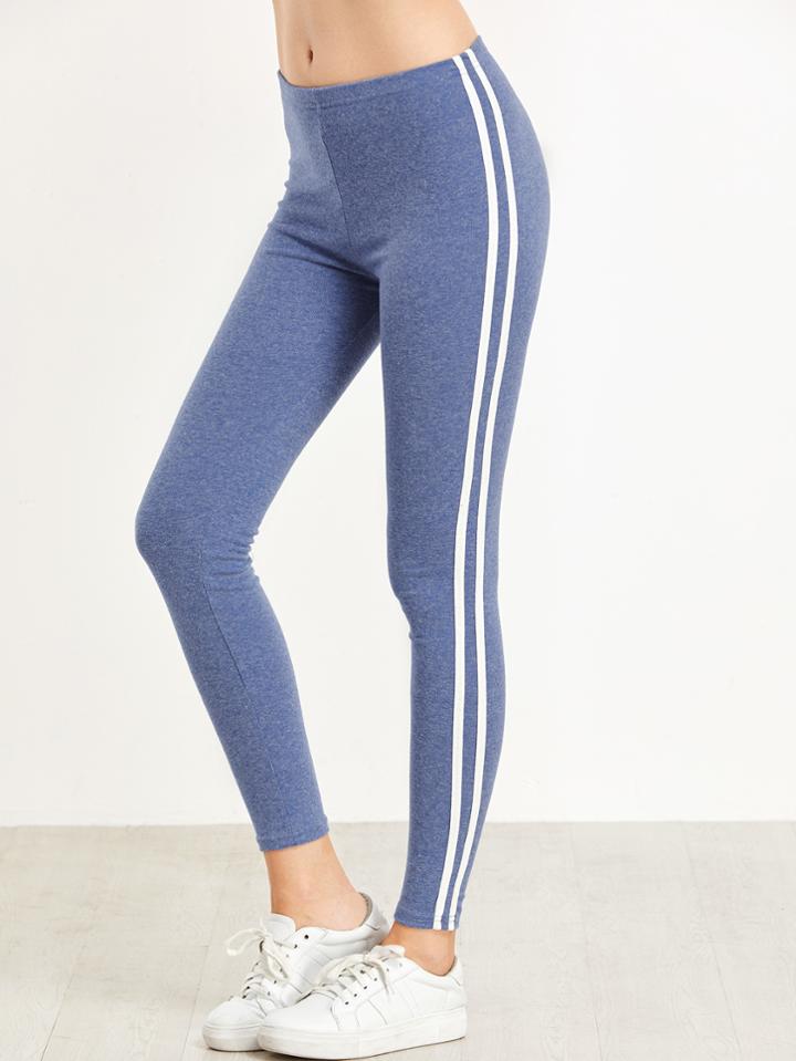 Shein Blue Striped Side Elastic Waist Leggings