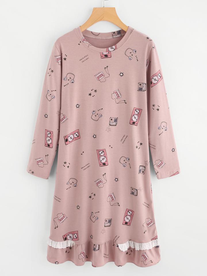 Shein Ruffle Hem Cartoon Print Pajama Dress