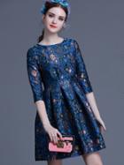 Shein Blue Round Neck Half Sleeve Jacquard Dress