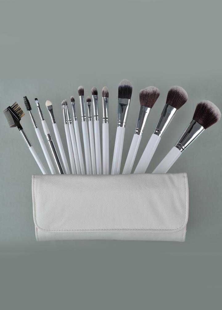 Shein 15pcs Brush For Face Make Up Tools With White Leather Bag