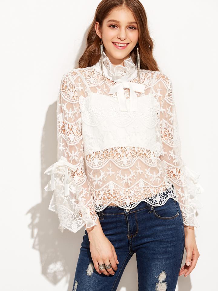 Shein White Lace Embroidered Hollow Keyhole Back Blouse With Bralet