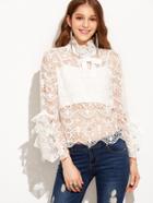Shein White Lace Embroidered Hollow Keyhole Back Blouse With Bralet