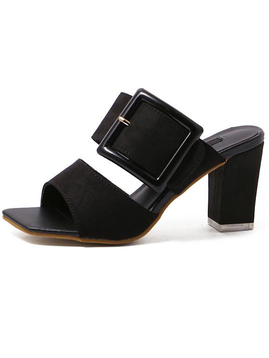 Shein Black Peep Toe Square Buckle Chunky Sandals