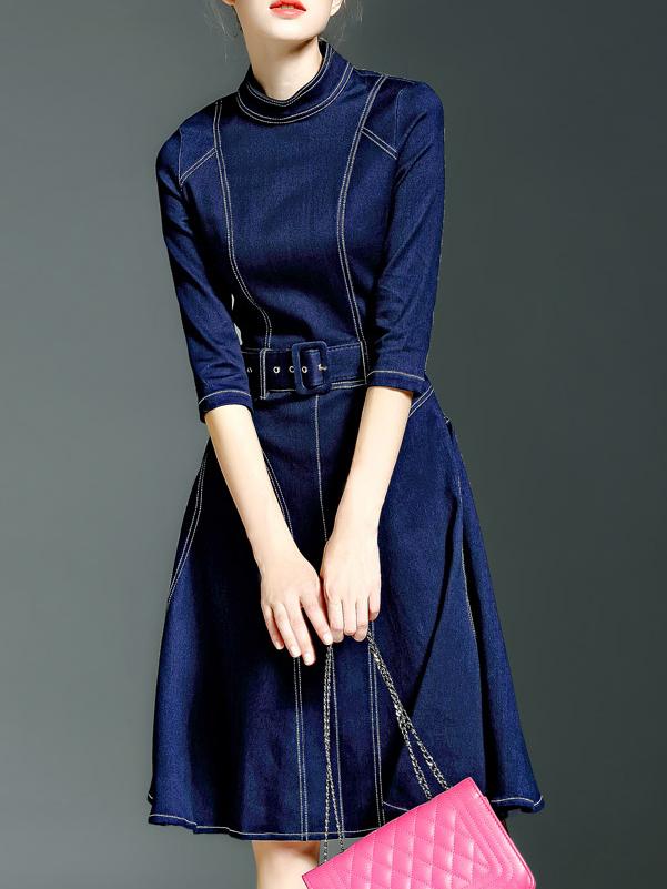 Shein Blue Collar Belted A-line Denim Dress