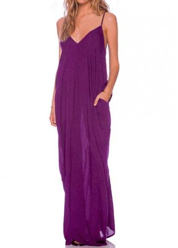 Rosewe V Back Purple Pocket Embellished Maxi Dress