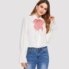 Shein Contrast Tied Neck Eyelet Embroidery Ruffle Blouse