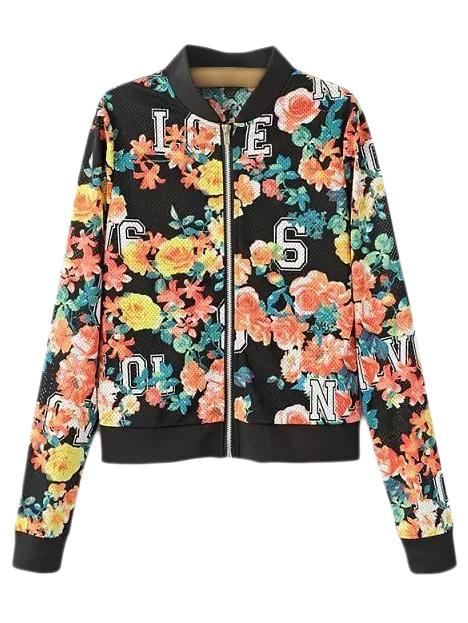 Shein Multicolor Hollow Number Flowers Print Baseball Jacket