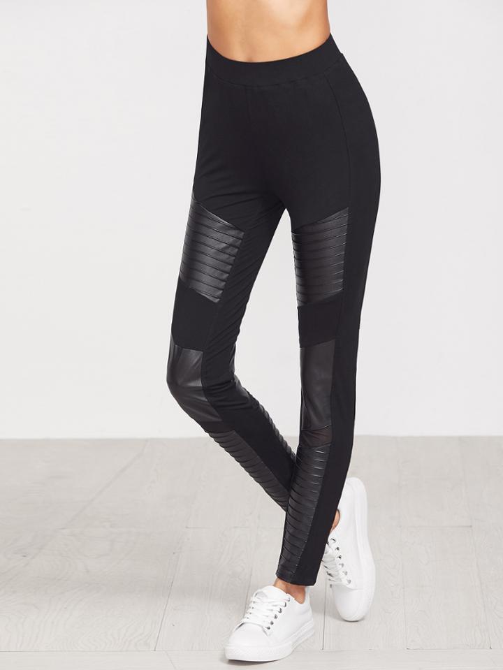 Shein Black Quilted Faux Leather Panel Leggings