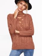 Shein Rust Open Back Criss Cross Cable Knit Sweater
