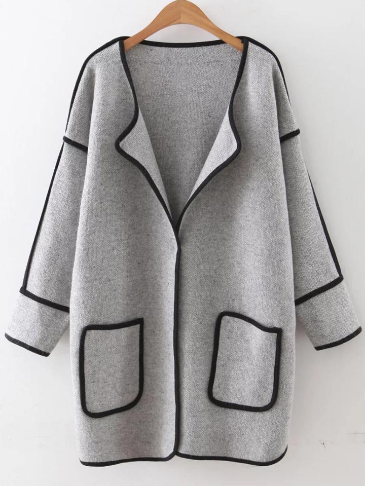 Shein Grey Contrast Trim Drop Shoulder Hidden Button Pocket Cardigan