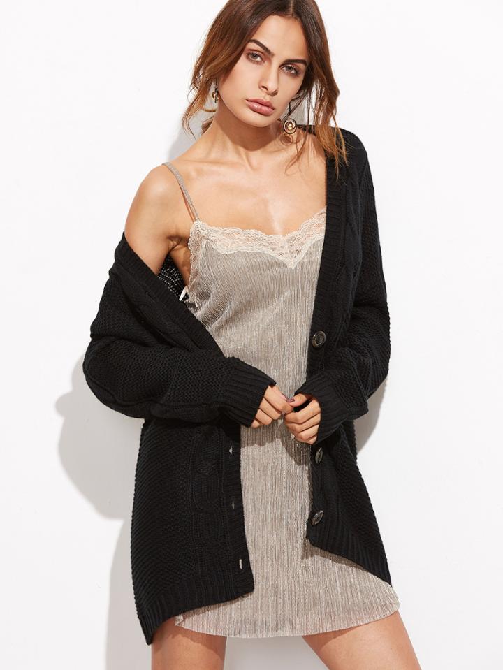 Shein Black Cable Knit Button Up Cardigan