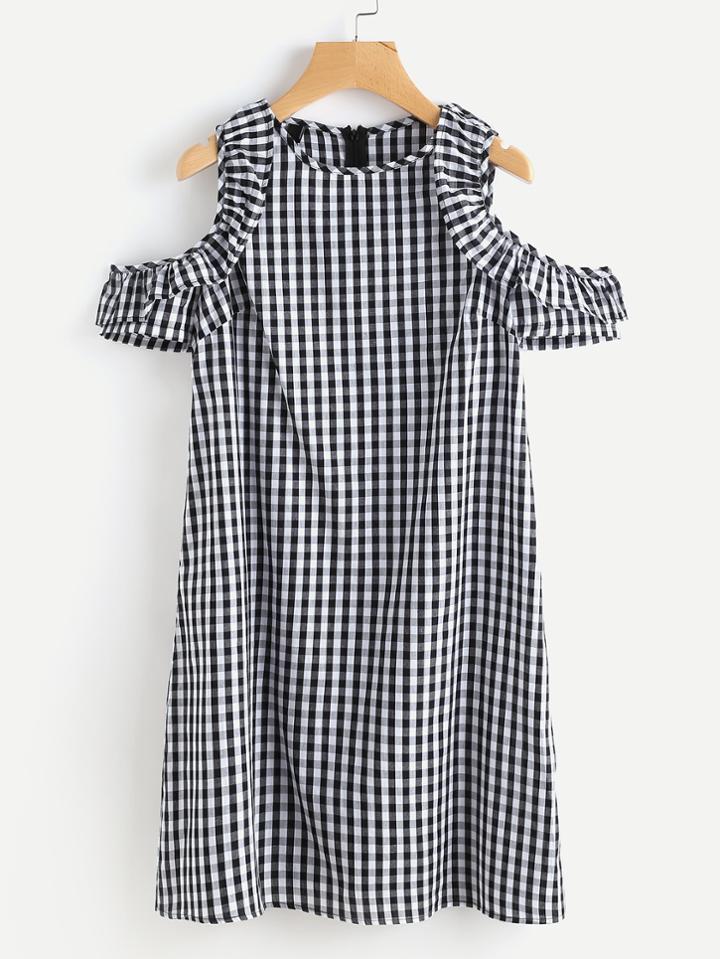 Shein Gingham Open Shoulder Frill Trim Dress