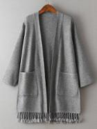 Shein Grey Side Slit Fringe Hem Pocket Cardigan