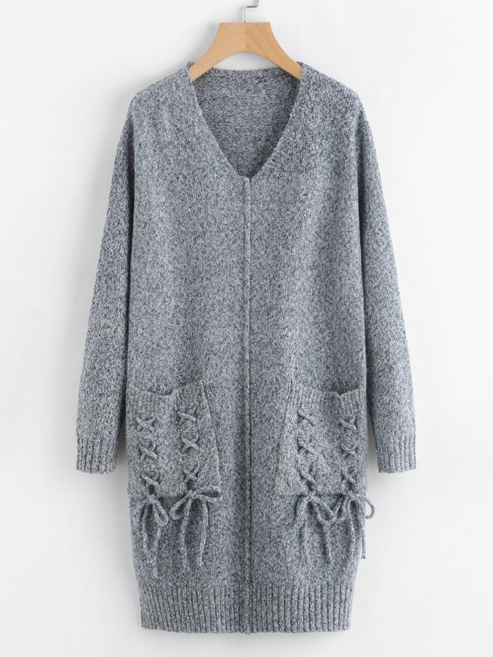 Shein Lace Up Pocket Front Slit Marled Sweater Dress