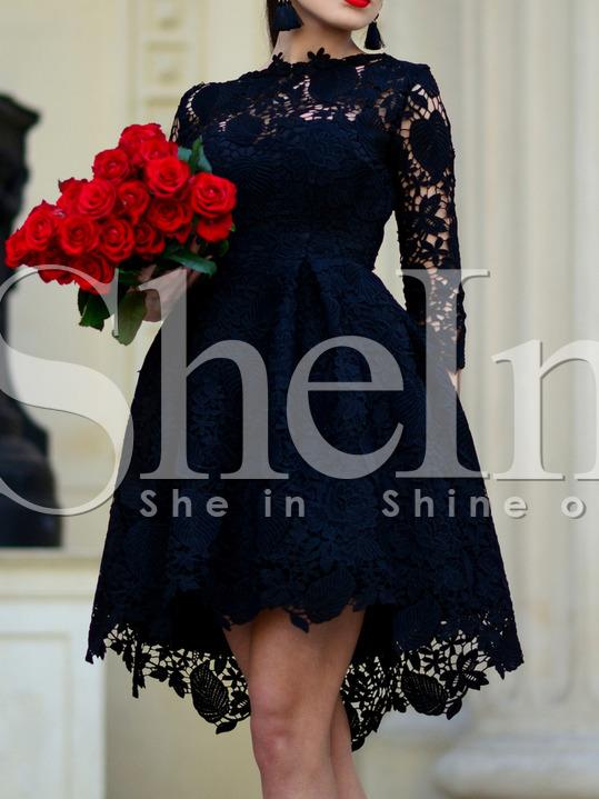 Shein Black Crew Neck Lace Pouf Dress