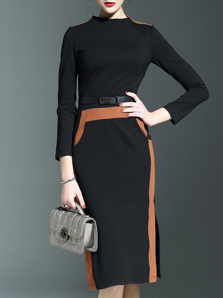 Shein Black Color Block Belted Pockets Split Sheath Dress