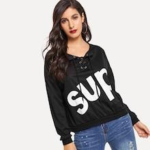 Shein Lace Up Letter Print Drop Shoulder Sweatshirt