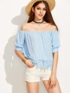 Shein Blue Off The Shoulder Crochet Trim Tied Sleeve Blouse