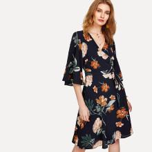 Shein Flower Print Flutter Sleeve Wrap Dress