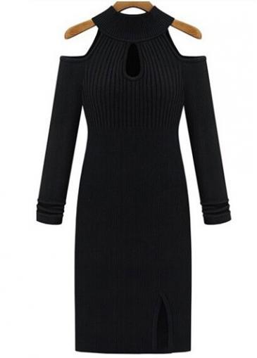 Rosewe Stylish Cutout Shoulder Long Sleeve Autumn Dress Black