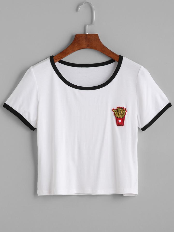 Shein White Contrast Trim French Fries Patch Crop T-shirt
