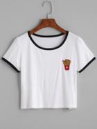 Shein White Contrast Trim French Fries Patch Crop T-shirt
