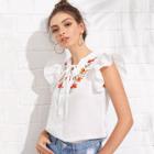 Shein Flower Embroidered Lace Up Ruffle Top