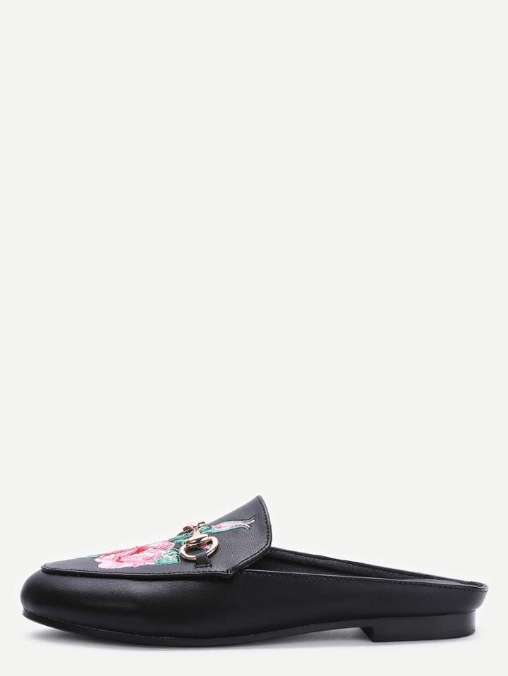 Shein Black Faux Leather Rose Embroidered Slip-on Shoes
