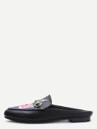 Shein Black Faux Leather Rose Embroidered Slip-on Shoes
