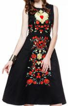 Shein Black Round Neck Sleeveless Embroidered Dress