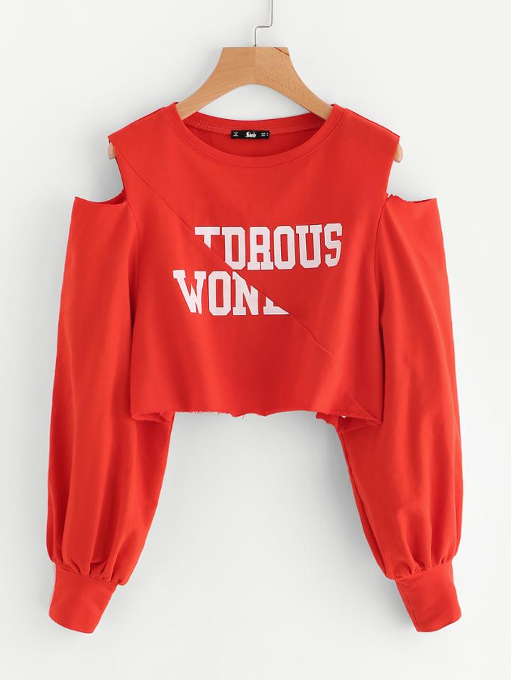 Shein Open Shoulder Raw Edge Cut And Sew Crop Pullover