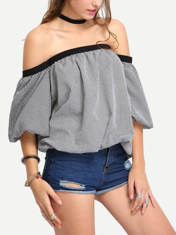 Shein Off-the -shoulder Lantern Sleeve Grid Top
