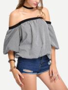Shein Off-the -shoulder Lantern Sleeve Grid Top