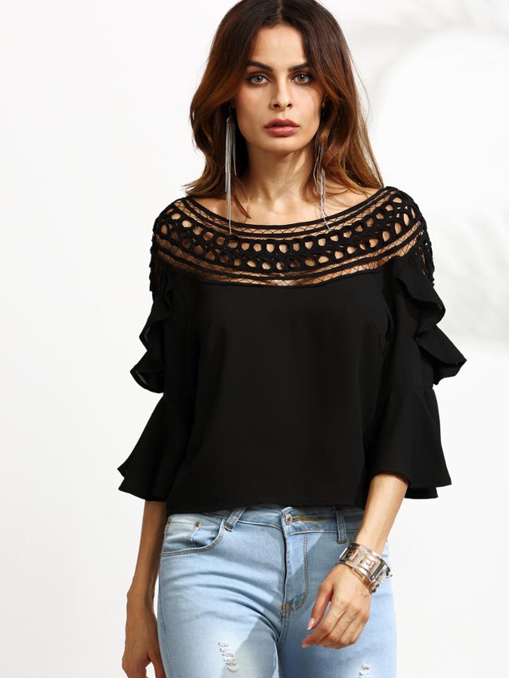 Shein Black Crochet Neck Bell Sleeve Ruffle Top