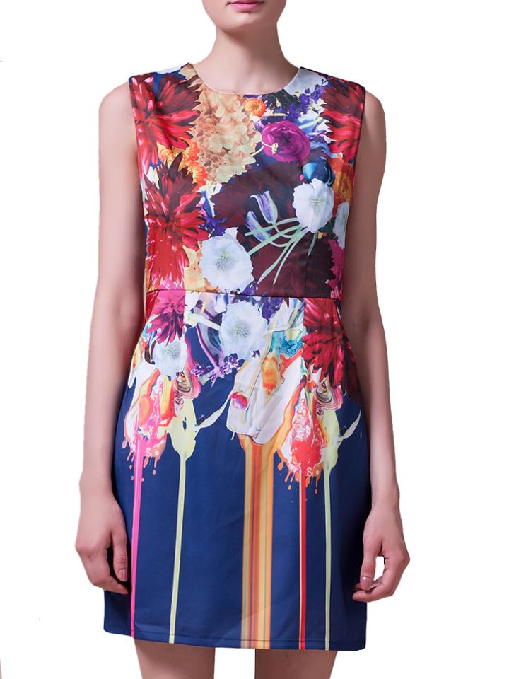 Shein Blue Sleeveless Painted Sheath Dress