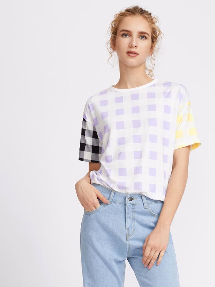 Shein Drop Shoulder Mixed Checkered Print Tee
