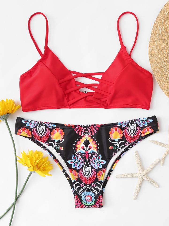 Shein Graphic Print Criss Cross Front Bikini Set