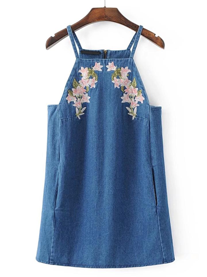 Shein Cami Straps Embroidery Zipper Back Denim Dress