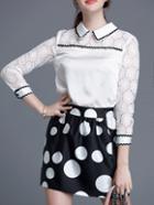 Shein White Lapel Lace Top With Polka Dot Skirt