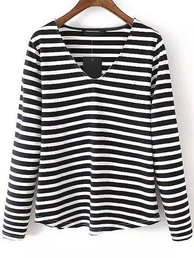 Shein Black White V Neck Striped Loose T-shirt