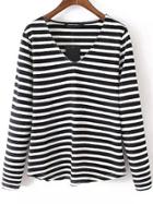 Shein Black White V Neck Striped Loose T-shirt
