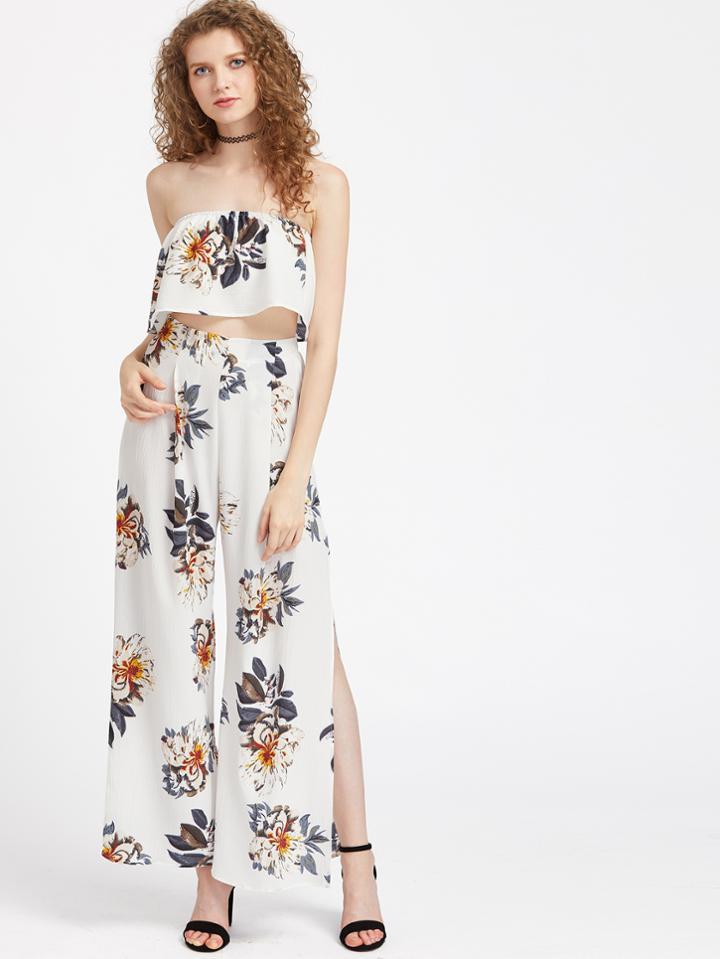Shein Florals Ruffle Layered Bandeau Top With Split Pants